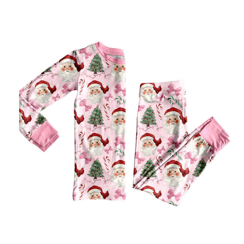 Preorder (moq 5)Baby Girls Pink Santa Trees Bows Top Pants Christmas Pajamas Sets