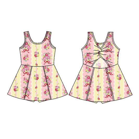 Preorder (moq 5)Baby Girls Pink Bows Floral Stripe Yoga Active Wear Skort Knee Length Dresses