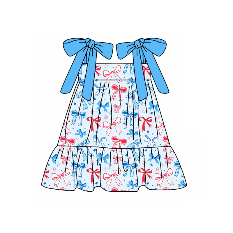 Preorder moq 5 Baby Girls Blue Strap Bows Stars 4th Of July Knee Length Dress