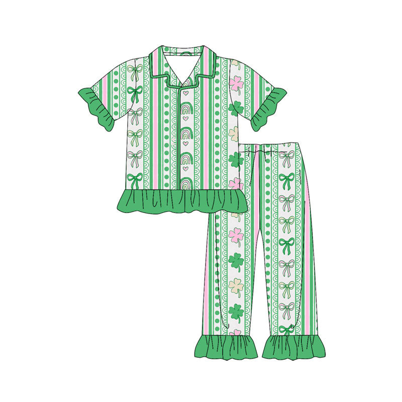 Preorder (moq 5)Baby Girls Green Clovers Stripe Button Top Ruffle Pants St Patrick Pajamas Sets