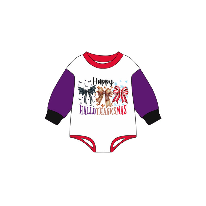 Preorder moq 5 Baby Infant Boys Purple Long Sleeves Bows Happy Holiday Romper