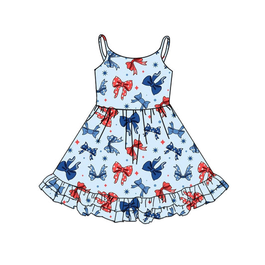 Preorder (moq 5)Baby Girls Blue Strap Red Stars Bows 4th Of July Knee Length Dresses