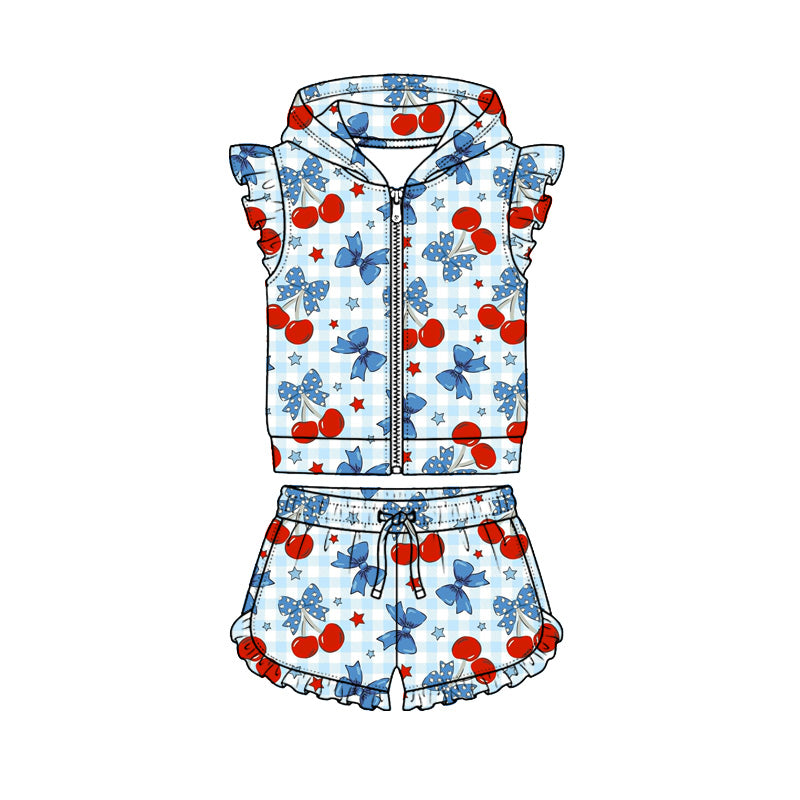Preorder (moq 5)Baby Girls Cherry Bows Hoodie Zip Jacket Ruffle Short 4th of July Clothes Sets