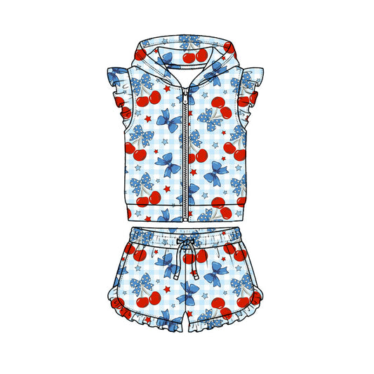 Preorder (moq 5)Baby Girls Cherry Bows Hoodie Zip Jacket Ruffle Short 4th of July Clothes Sets