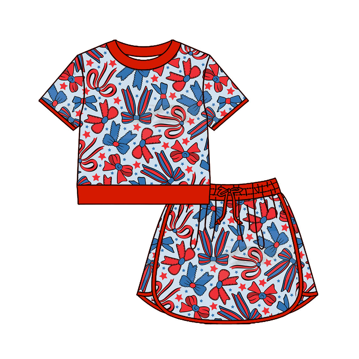 Preorder (moq 5)Baby Girls Red Blue Flower Stars Top Skirt Shorts 4th of July Clothes Sets