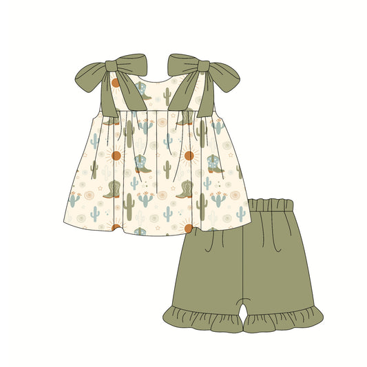 Preorder (moq 5)Baby Girls Western Boots Cactus Tunic Ruffle Shorts Clothes Sets