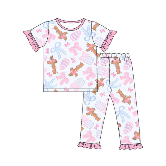 Preorder(moq 8)Baby Girls Pink Bows Eggs Crosses Top Ruffle Pant Easter Pajamas Sets
