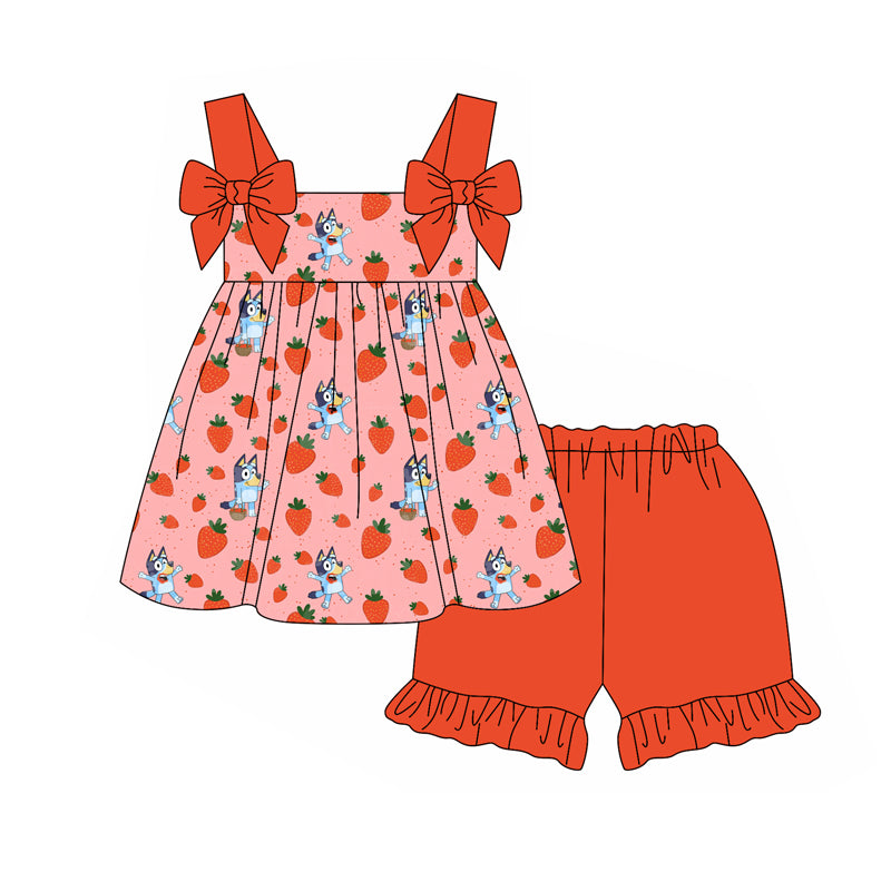 Preorder (moq 5)Baby Girls Dogs Strawberry Tunic Top Ruffle Shorts Clothes Sets