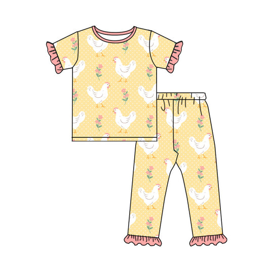 Preorder (moq 5) Baby Girl Clothes Farm Chicken Floral Polka Dot Print Short Sleeve Ruffle Top Ruffle Pant Pajama Set