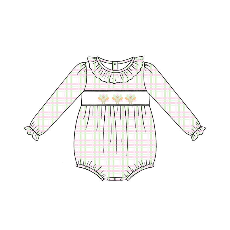 Preorder (moq 5)Baby Girls Long Sleeve Turkey Checked Thanksgiving Ruffle Rompers