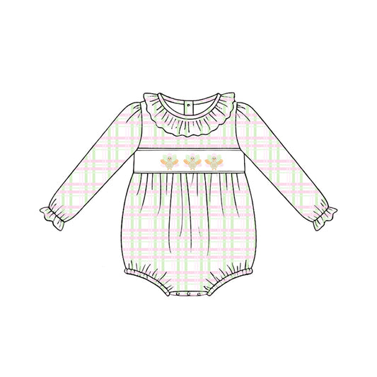 Preorder (moq 5)Baby Girls Long Sleeve Turkey Checked Thanksgiving Ruffle Rompers