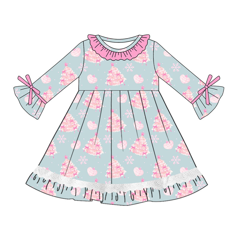 Preorder (moq 5)Baby Girls Long Sleeves Pink Treed Snowflake Ruffle Button Knee Length Dresses