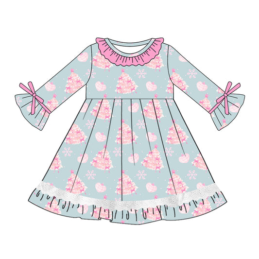 Preorder (moq 5)Baby Girls Long Sleeves Pink Treed Snowflake Ruffle Button Knee Length Dresses