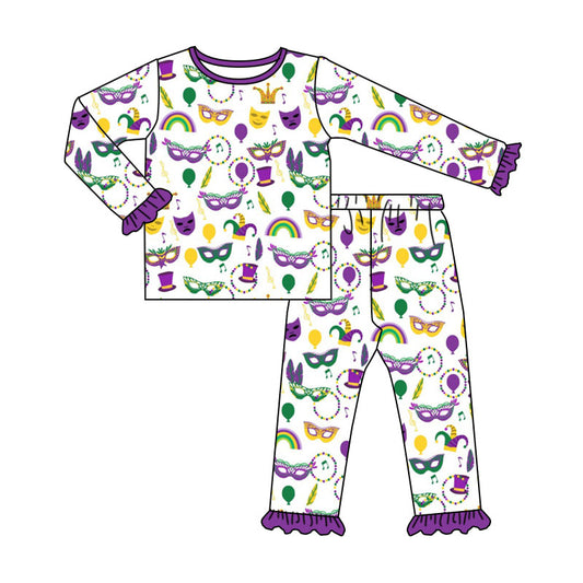 Preorder (moq5) Baby Girl Clothes Mardi Gras Party Mask Balloon Print Long Sleeve Purple Ruffle Cuff Pajama Set