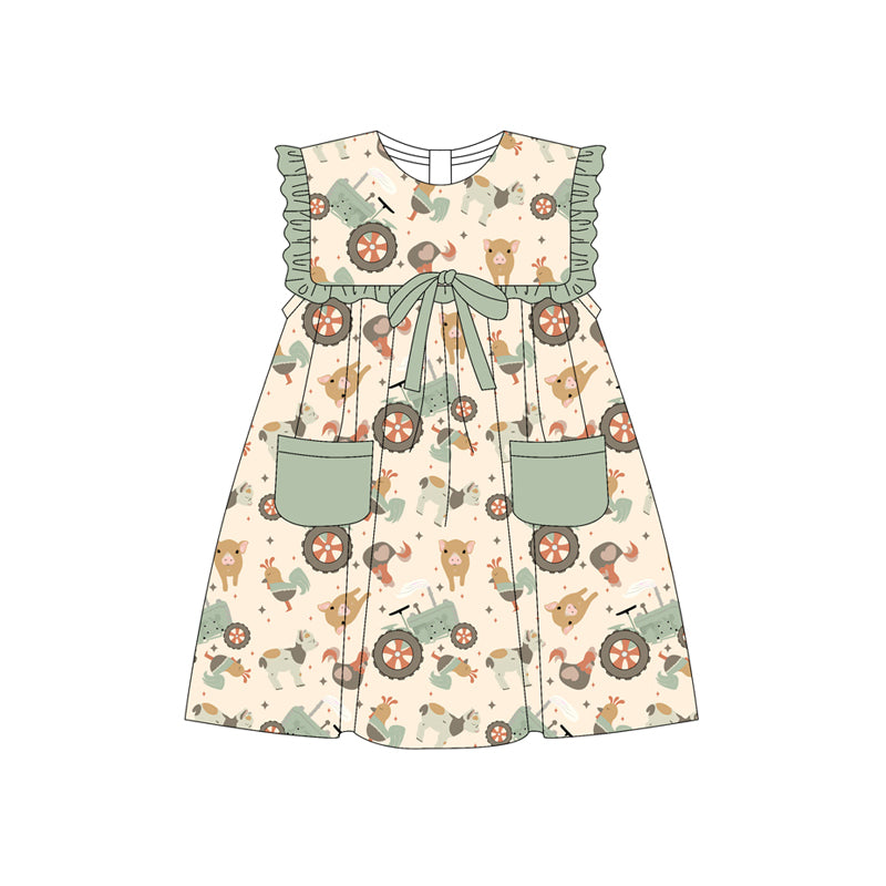 Preorder (moq 5)Baby Girls Green Sleeveless Chicks Pigs Pockets Farm Knee Length Dresses