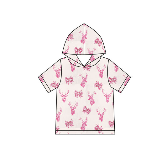 Preorder (moq 5) Baby Girl Clothes Pink Watercolor Deer Antler Bow Print Short Sleeve Hooded Tee