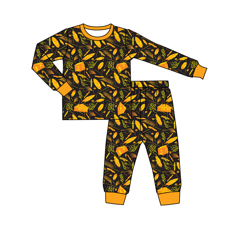 Preorder (moq 5)Baby Kids Leaves Camping Top Pant Fall Pajamas Set