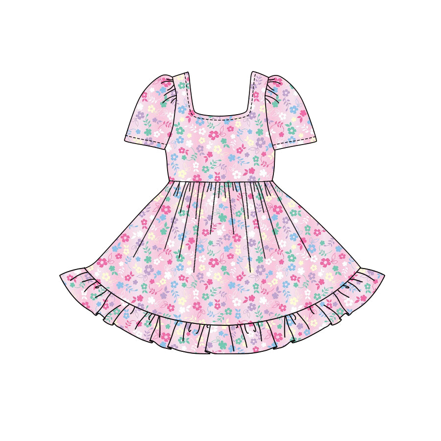 Preorder (moq 5)Baby Girls Pink Short Sleeves Colorful Daisy Ruffle Knee Length Dresses