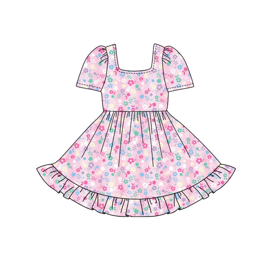 Preorder (moq 5)Baby Girls Pink Short Sleeves Colorful Daisy Ruffle Knee Length Dresses