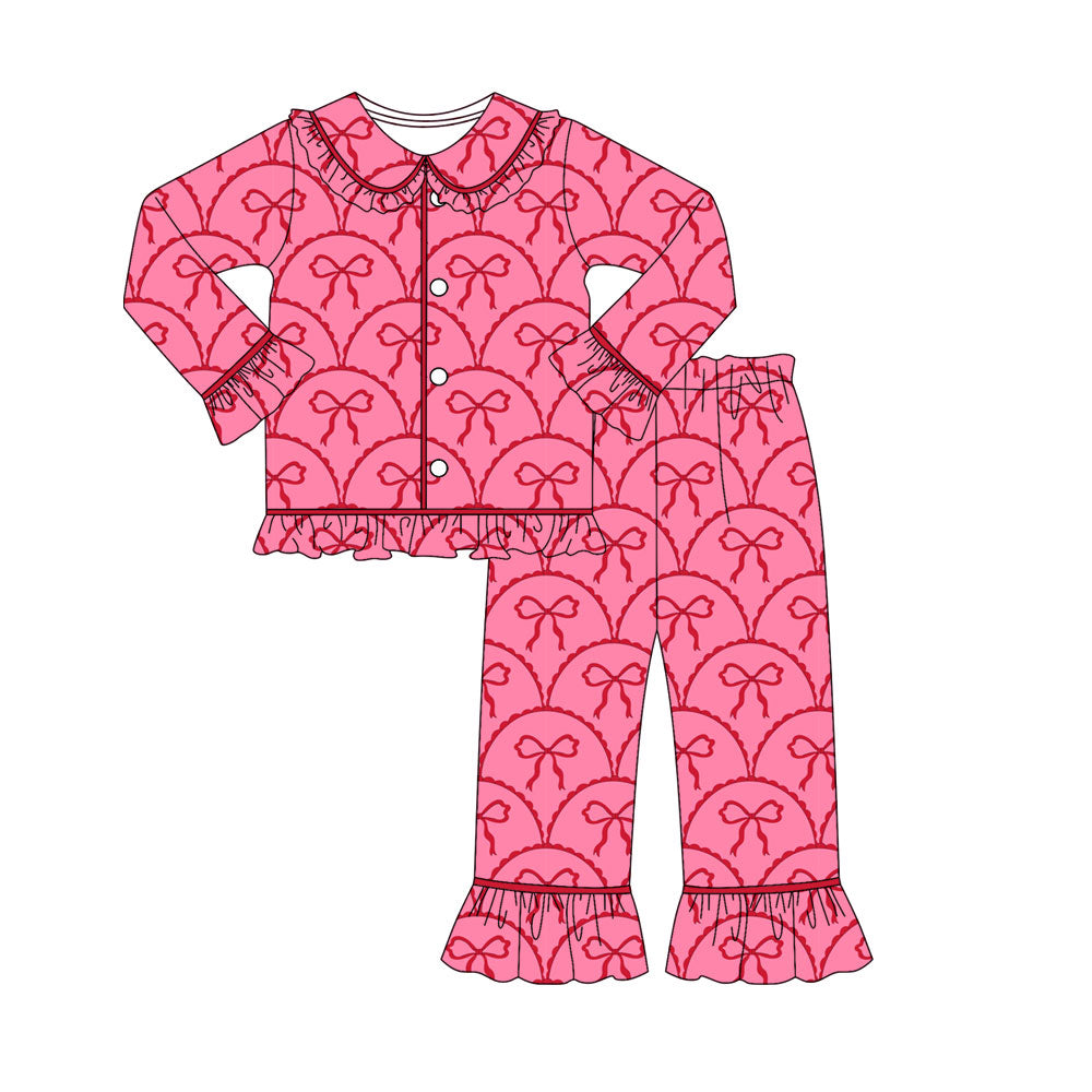 Preorder (moq 5)Baby Girls Red Bows Checked Button Top Pants Valentine Pajamas Sets