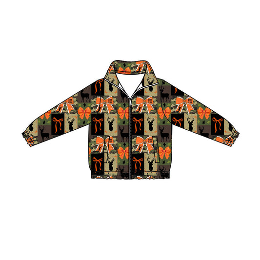 Preorder (moq 5)Baby Girls Orange Bows Deer Camo Hunting Zip Pockets Jackets Top