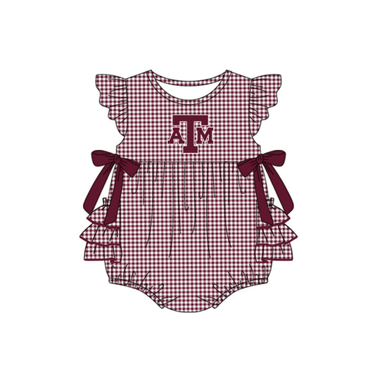 Preorder moq 5 Baby Girls Red Plaid Flutter Sleeves Bows ATM Team Rompers