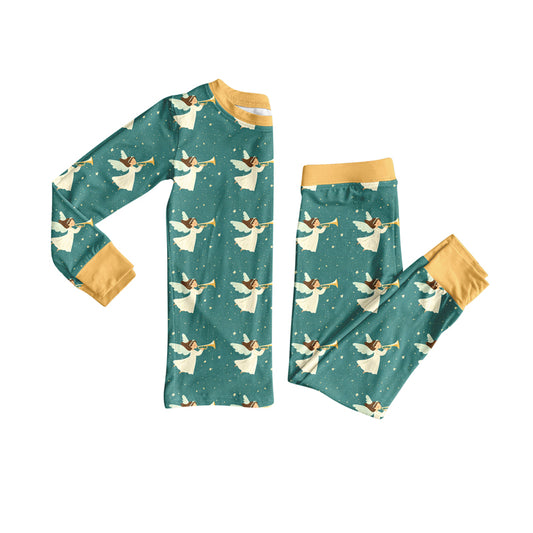 Preorder (moq 5)Baby Girls Green Angles Plaid Top Pant Christmas Pajamas Set