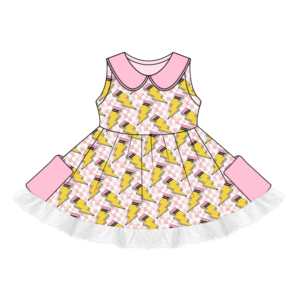 Preorder (moq 5)Baby Girls Back To School Lace Pockets Twirl Dresses