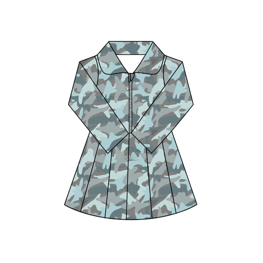 Preorder (moq 5)Baby Girls Long Sleeves Blue Ducks Dogs Camo Zipper Knee Length Dresses