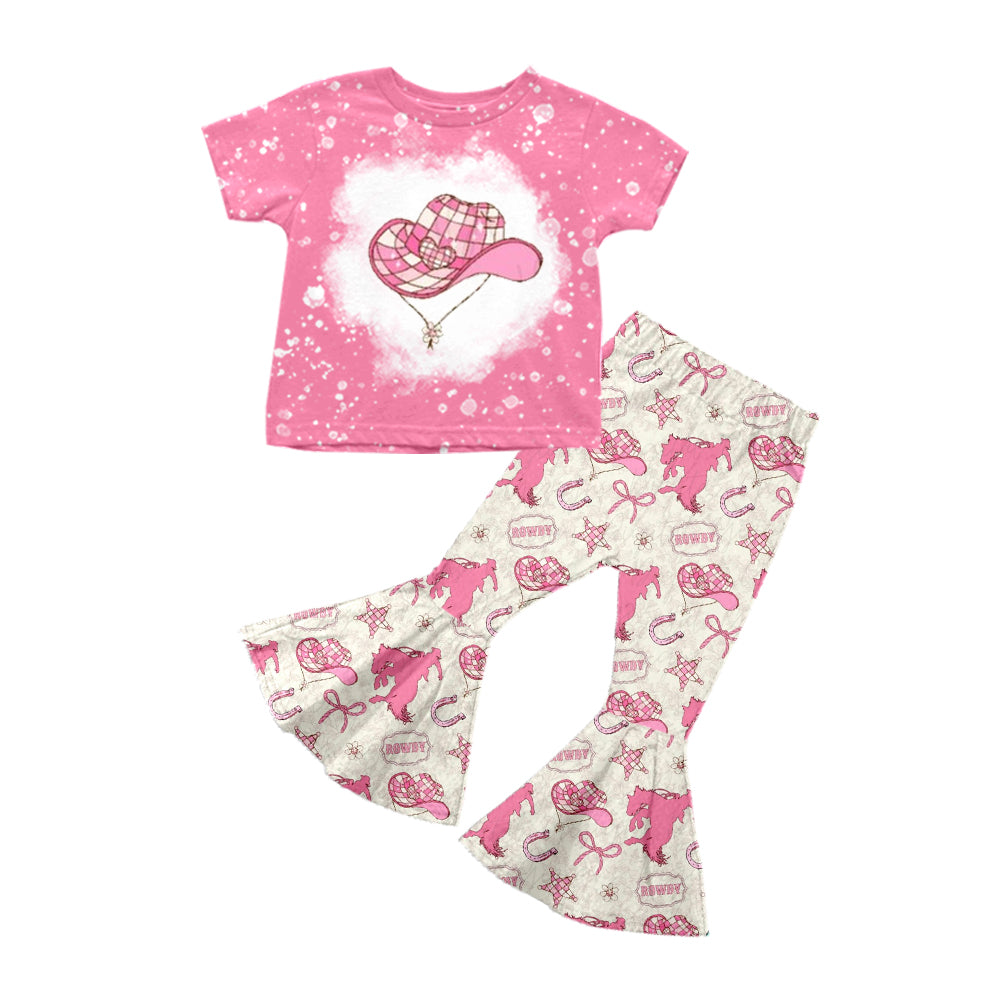 Preorder (moq 5)Baby Girls Pink Short Sleeves Hats Bows Top Bell Bottom Pant Set