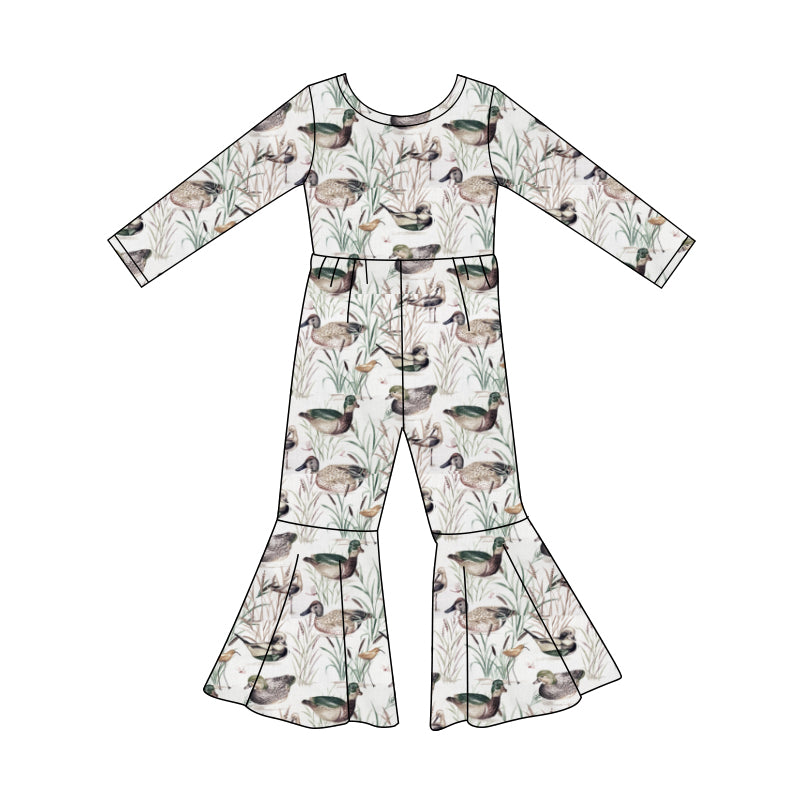 Preorder (moq 5)Baby Girls Long Sleeve Ducks Flowers Bell Bottom Jumpsuits