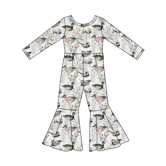 Preorder (moq 5)Baby Girls Long Sleeve Ducks Flowers Bell Bottom Jumpsuits