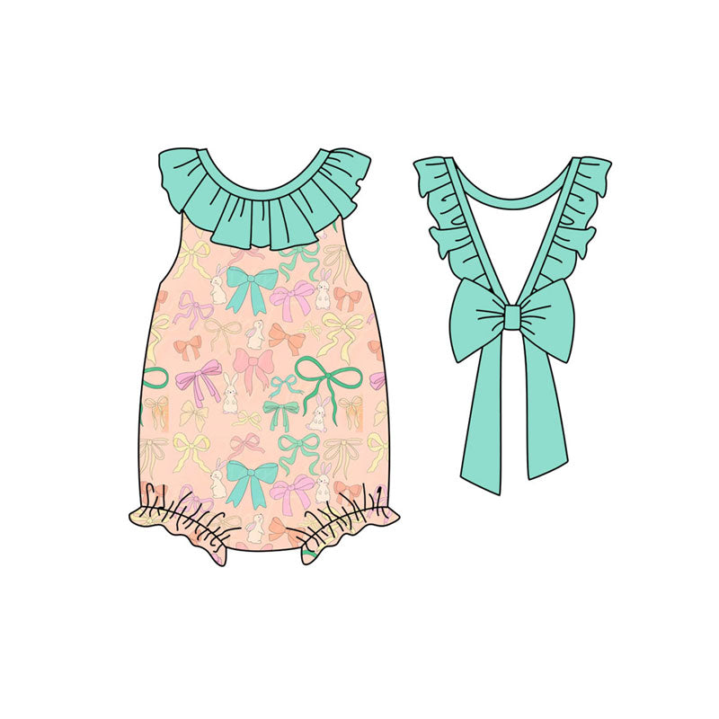 Preorder (moq 5)Baby Girls Colorful Bows Rabbits Back Bows Easter Ruffle Rompers