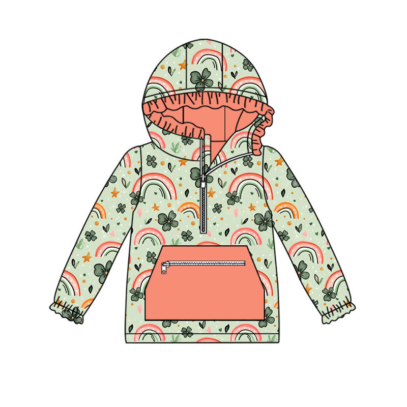 Preorder (moq 5)Baby Girls Clovers Rainbows Pocket Zipper St Patrick Ruffle Hoodies Top