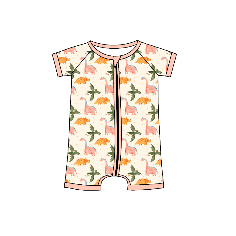 Preorder (moq 5)Baby Girls Colorful Dinosaurs Polka Dots Zipper Shorts Rompers