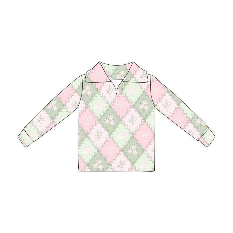 Preorder(moq 5) Baby Girls Bows Flowers Checked Zipper Pullovers Top