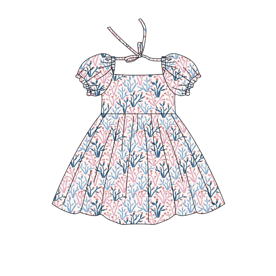 Preorder (moq 5)Baby Girls Short Ruffle Sleeve Colorful Cactus Western Knee Length Dress