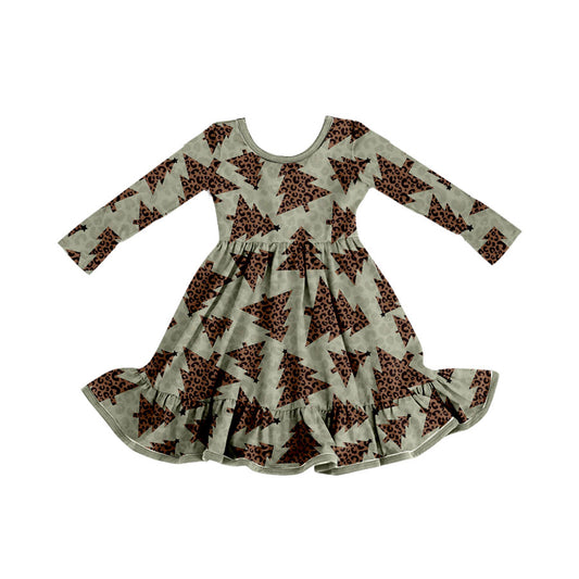 Preorder (moq 5)Baby Girls Leopard Bows Christmas Ruffle Knee Length Dresses