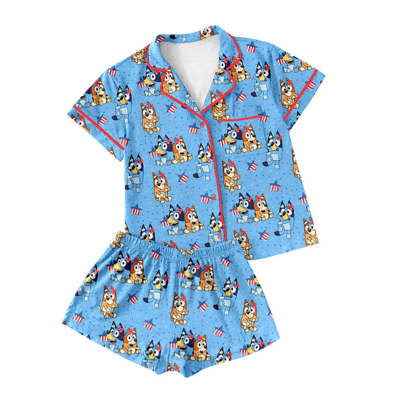Preorder(moq 5)Adult Women Hot Blue Short Sleeves Button Pocket Cartoon Dogs Stars Top Short 4th Of July Pajamas Set