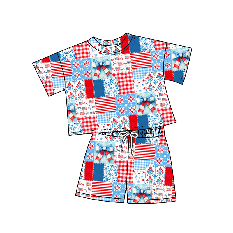 Preorder (moq 5)Baby Girls Bows Flowers Checked Top Shorts 4th of July Clothes Sets