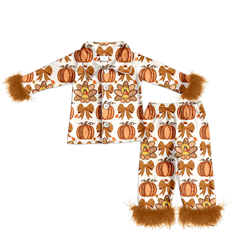 preorder(MOQ 5)Baby Girls Thanksgiving Turkey Pumpkins Bows Fur Top Pants Pajamas