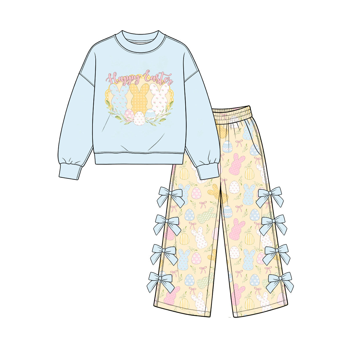Preorder (moq5) Baby Girls Rabbits Eggs Top Bows Pockets Flare Pant Happy Easter Set