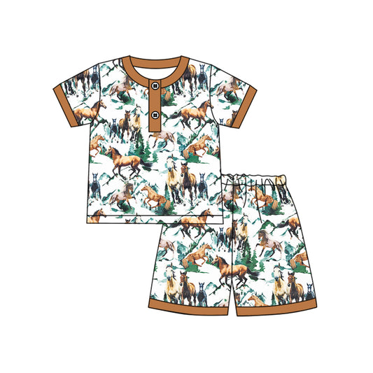 Preorder (moq 5)Baby Boys Short Sleeves Button Horses Mountains Top Short Pajamas Set