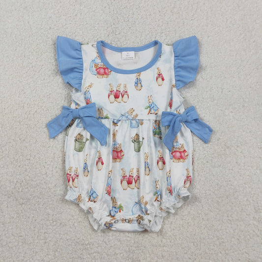 Baby Girls Flutter Sleeve Rabbits Bows Easter Ruffle Rompers