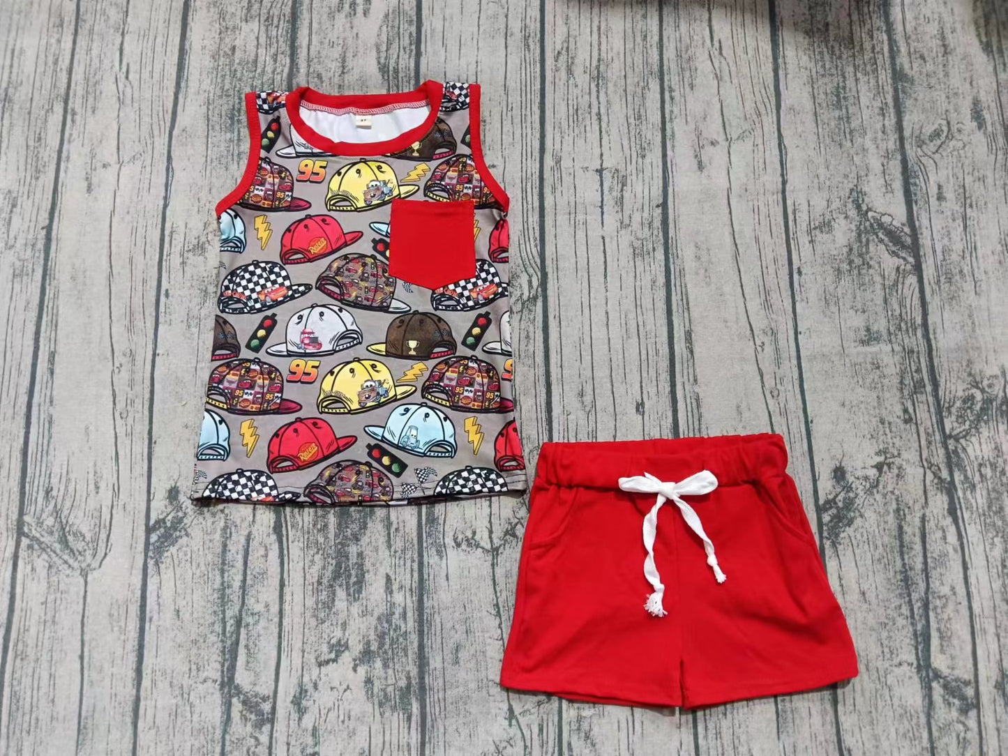 Preorder (moq 5)Baby Boys Sleeveless Cartoon Hats Pocket Vest Shorts Clothes Set