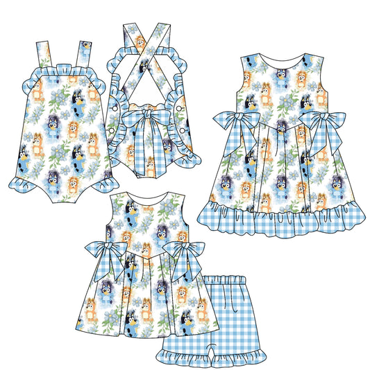 Preorder moq 5 Custom Baby Girls Strap Cartoon Dogs Bows Tunic Blue Plaid Ruffle Short Sets Knee Length Dress Rompers