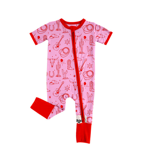 Preorder (moq 5)Baby Girls Bull Skulls Boots Cactus Western Zipper Footie Rompers