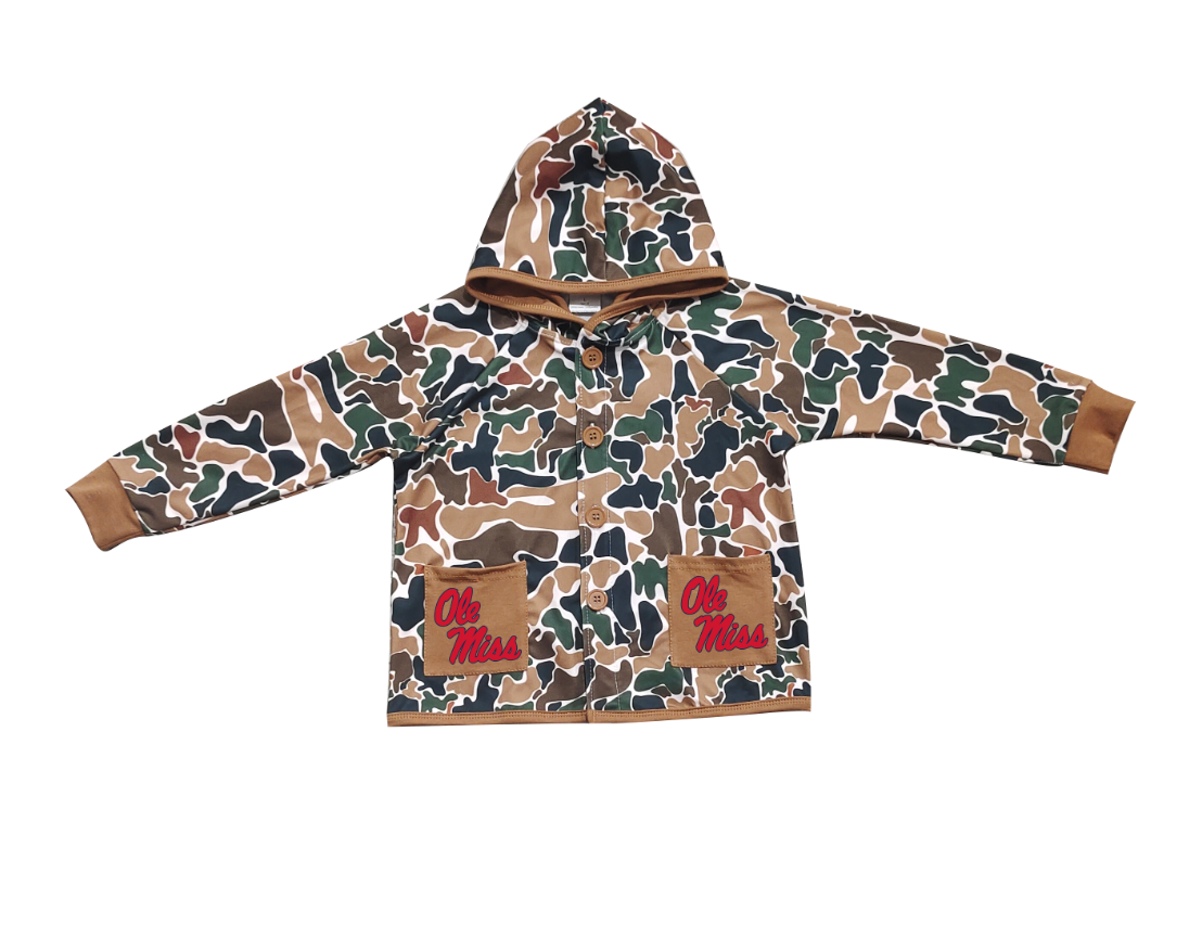 Preorder (moq 5)Baby Boys Dark Brown Camo Ole Miss Pockets Team Button Hoodie Jackets Top
