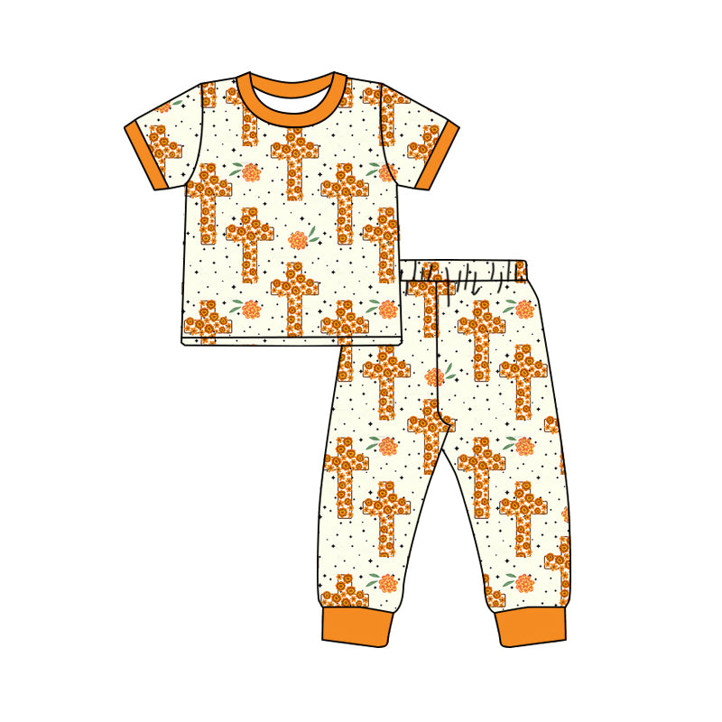 Baby Girls Easter Orange Cross Top Pants Pajamas Kids Clothing Sets preorder(MOQ 5)