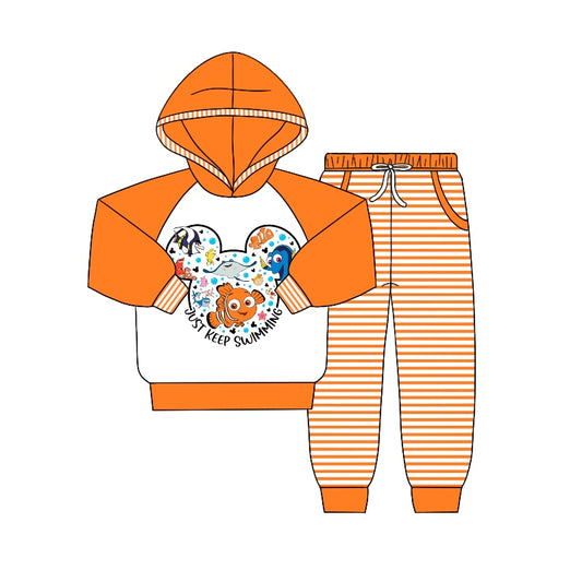 Baby Boys Orange Fish Hooded Top Stripes Pants Clothes Sets Preorder(moq 5)